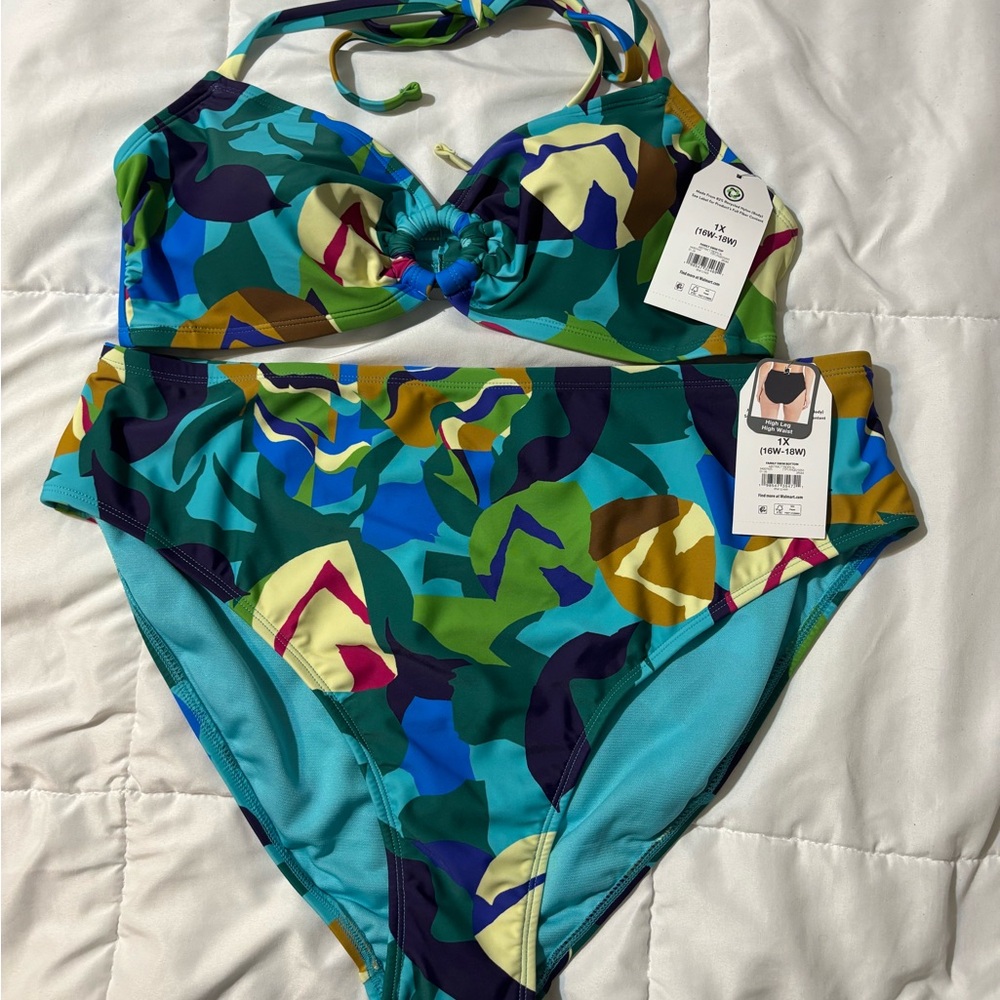 Time and Tru Teal Multi-Color Printed Two-Piece Swimsuit